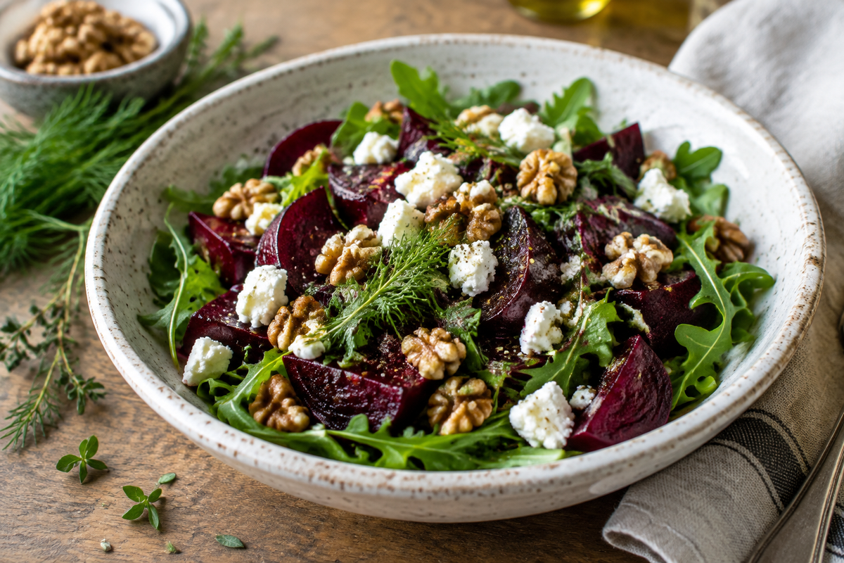 Vibrant roasted beet salad with arugula, feta cheese, and crunchy walnuts on a rustic plate