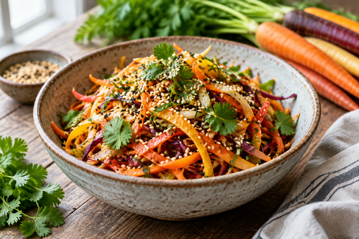 Vibrant shaved rainbow carrot salad with toasted sesame dressing garnished with sesame seeds and herbs