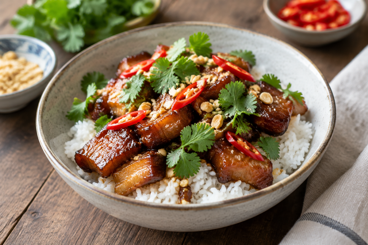 Vietnamese caramelised pork bowls with fresh herbs and jasmine rice