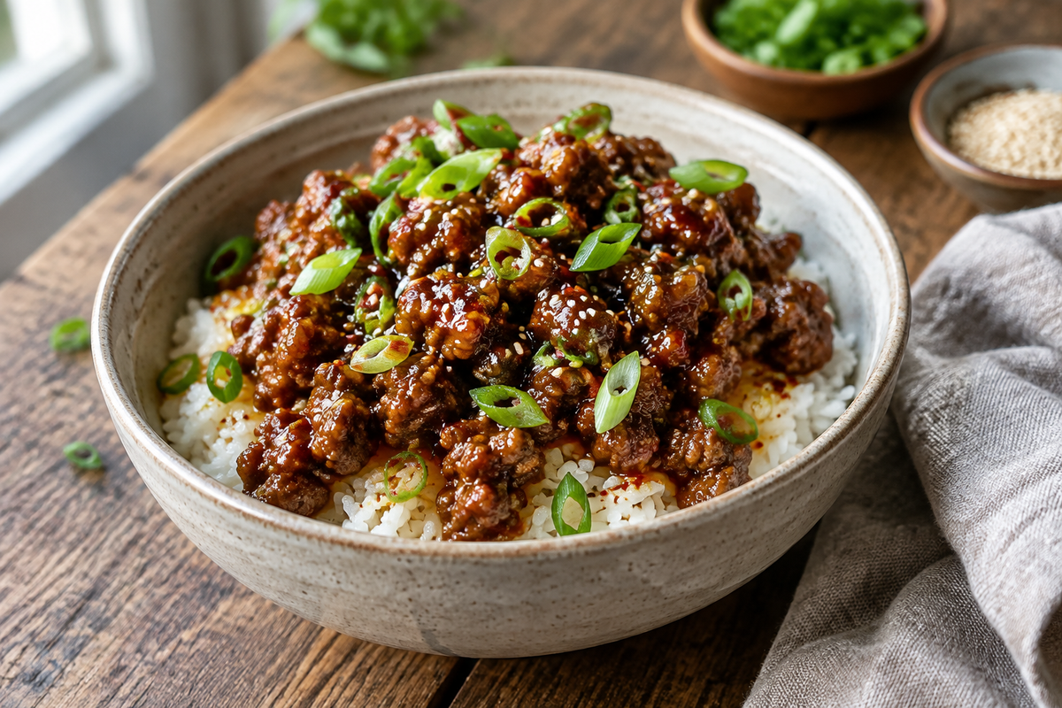 Viral hot honey ground beef bowls with rice and green onion garnish in a ceramic bowl