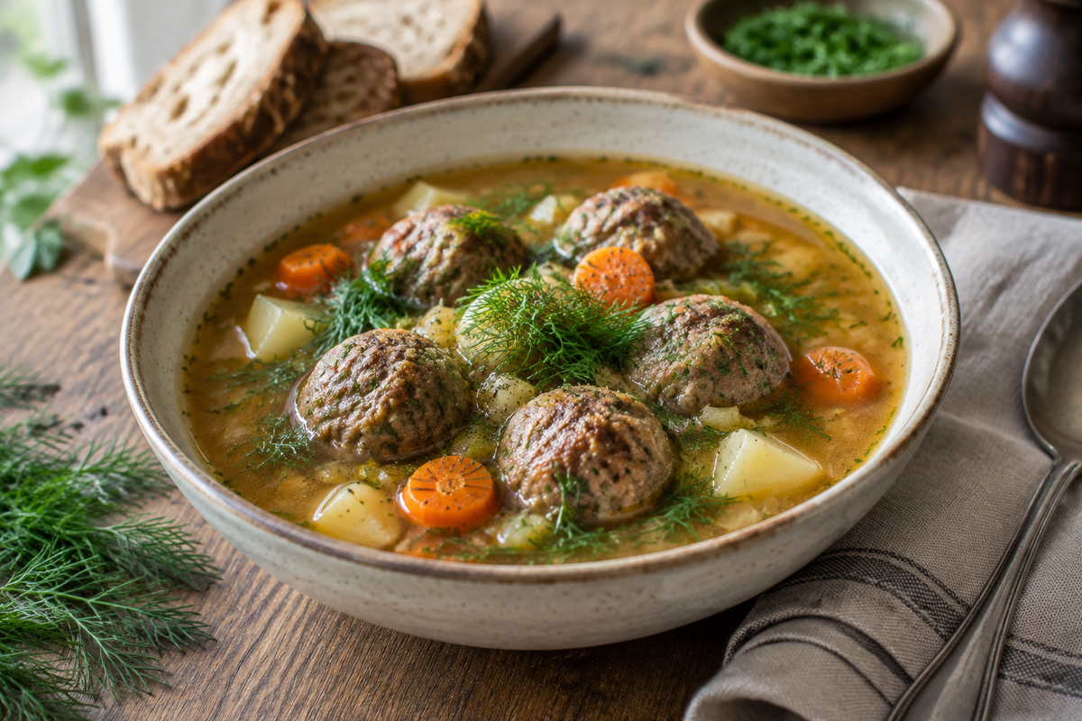 Warm Swedish meatball soup in a bowl garnished with fresh dill and vegetables, showcasing Swedish meatball soup
