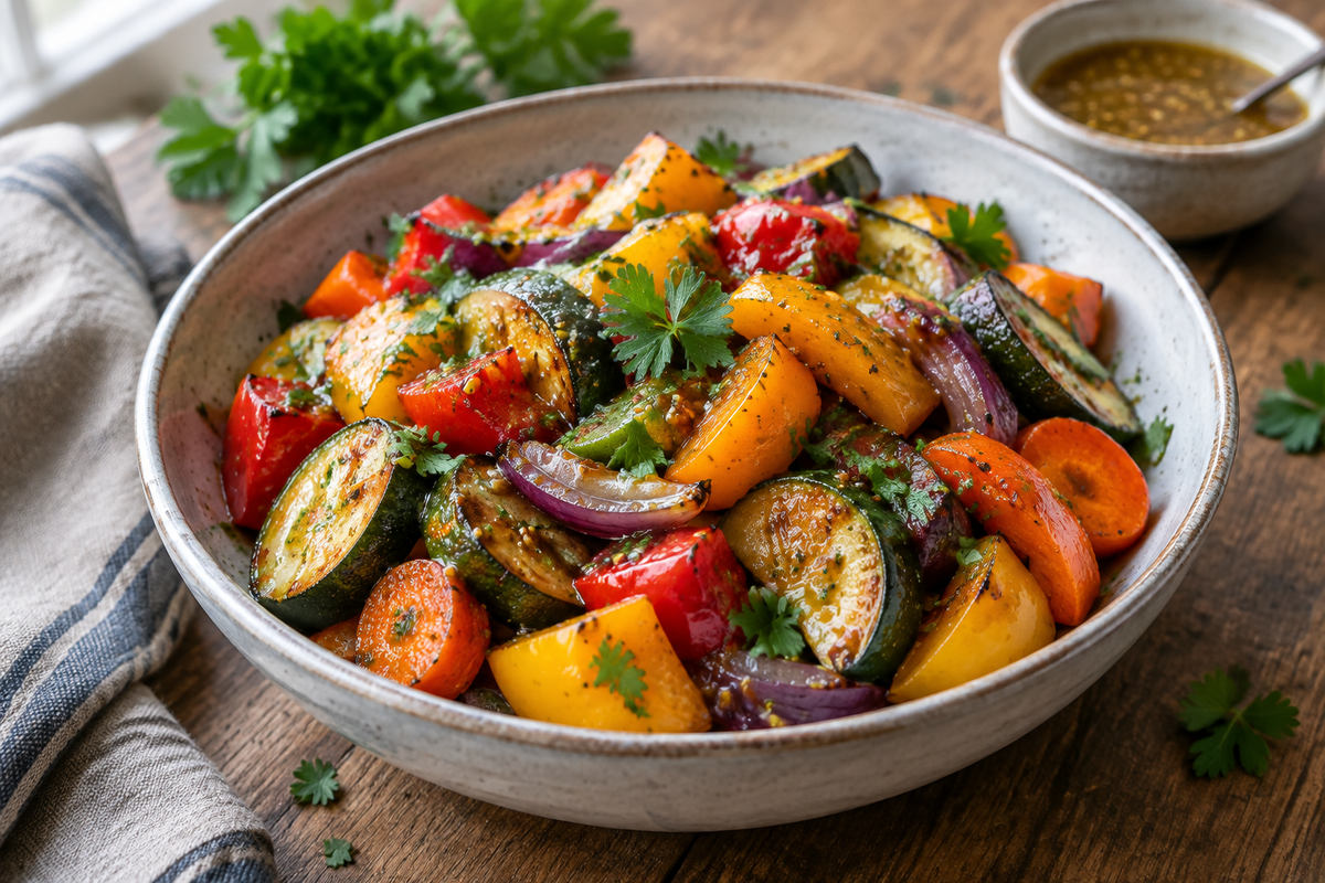 Warm roasted veggie salad with maple Dijon vinaigrette served in a bowl garnished with parsley