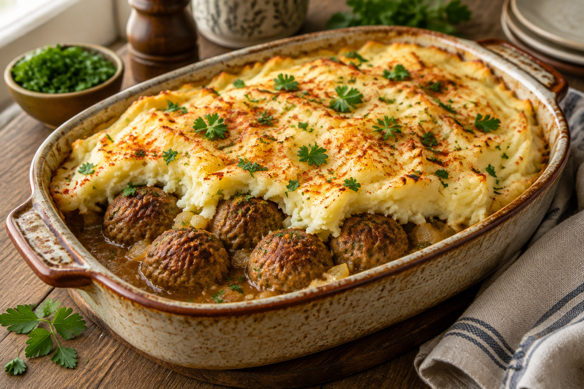 Hearty meatball mashed potato casserole with golden meatballs and creamy mashed potatoes, garnished with parsley