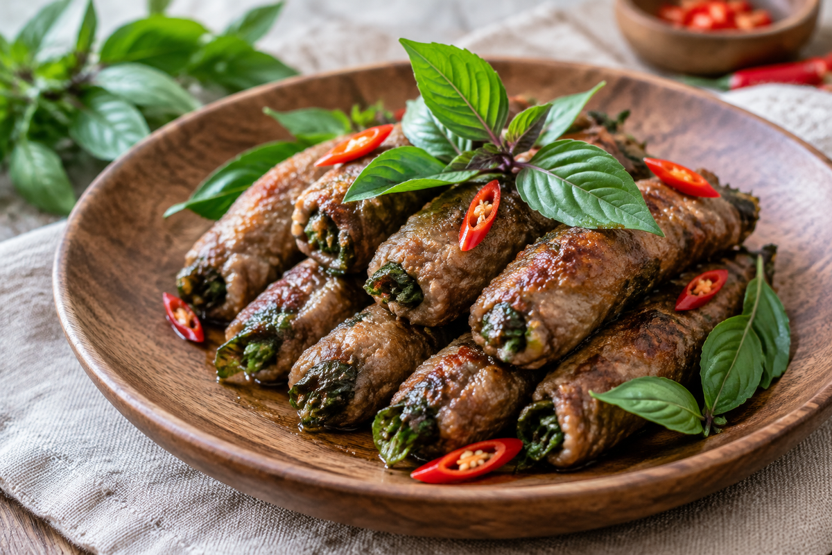 Plate of golden Thai basil beef rolls garnished with fresh basil and chili peppers, showcasing thai basil beef rolls