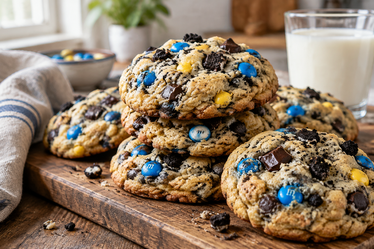 Freshly baked cookie monster cookies with colorful candy pieces and chocolate chunks on rustic board