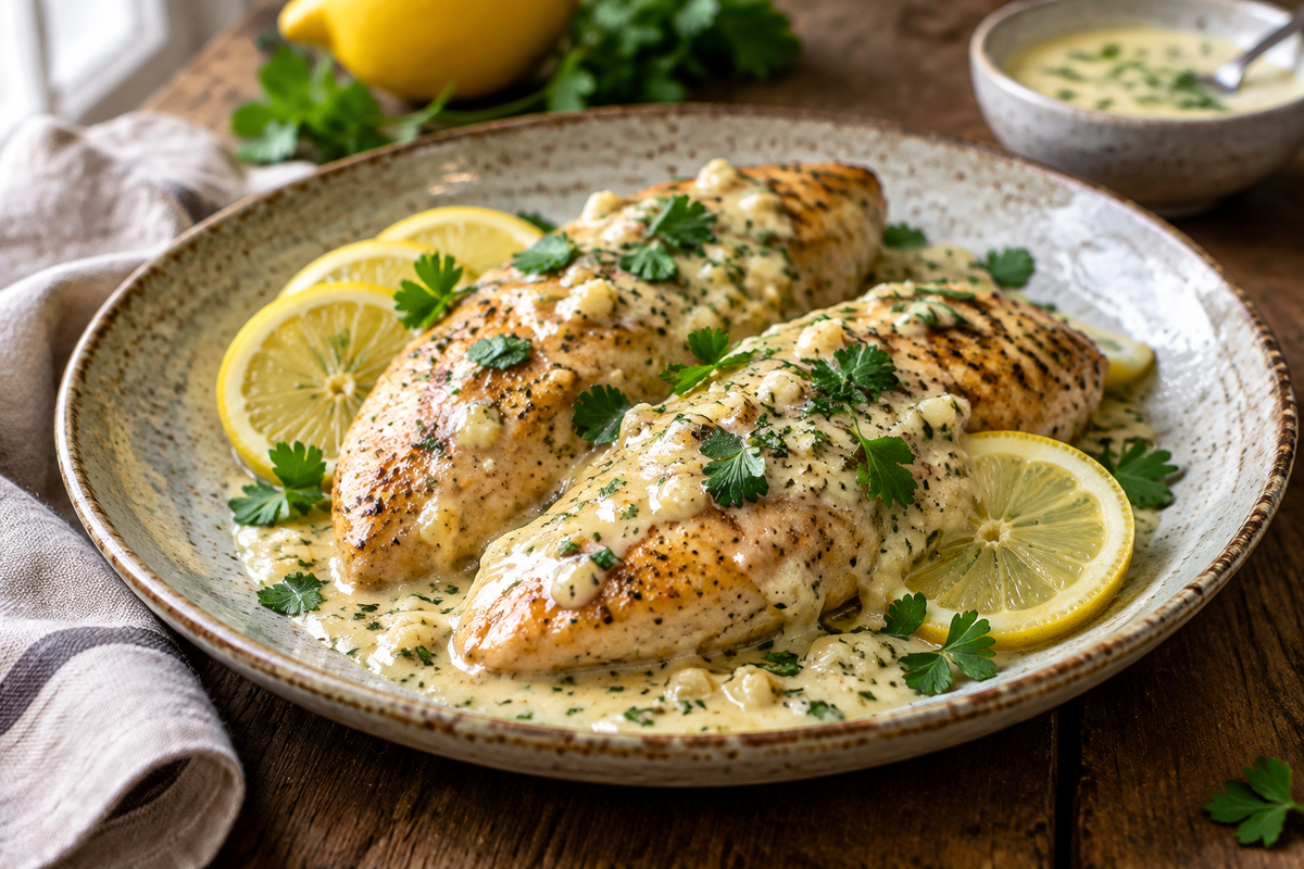 Creamy garlic lemon chicken plated with lemon slices and parsley garnish in creamy garlic lemon chicken sauce