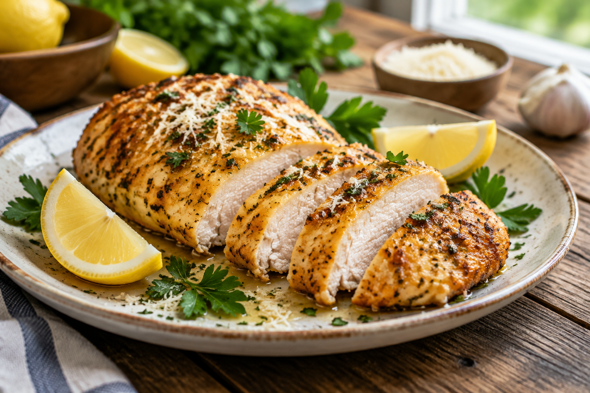 lemon garlic parmesan chicken plated with lemon wedges and parsley garnish