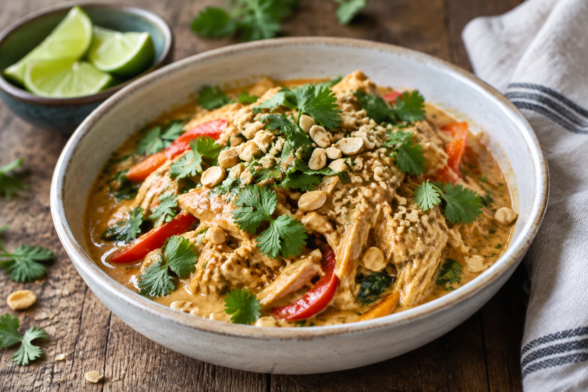 Slow cooker peanut chicken in creamy peanut sauce garnished with peanuts and cilantro