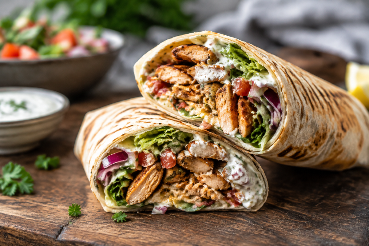 Close-up of irresistible chicken shawarma wrap with spiced chicken and fresh vegetables