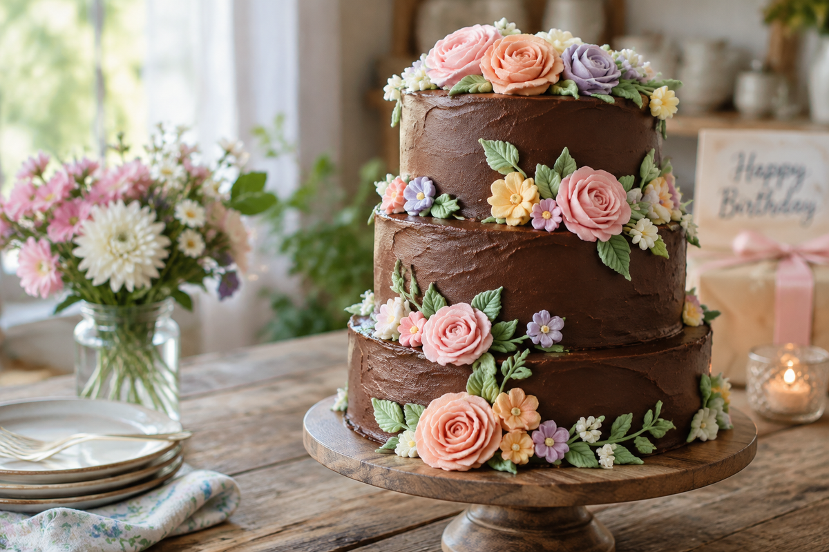 Whimsical Blooms birthday cake with chocolate layers and floral buttercream frosting birthday cake