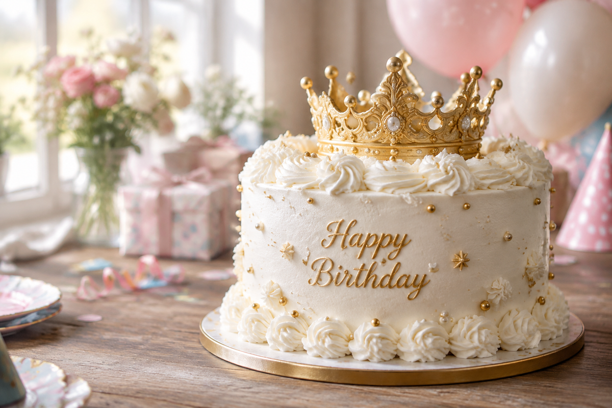 Crown birthday cake decorated with whipped cream frosting and edible golden crown on rustic table