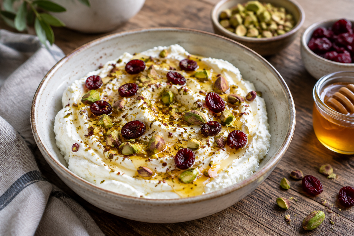 Whipped feta topped with honey, pistachios, and cranberries in a rustic bowl, whipped feta appetizer
