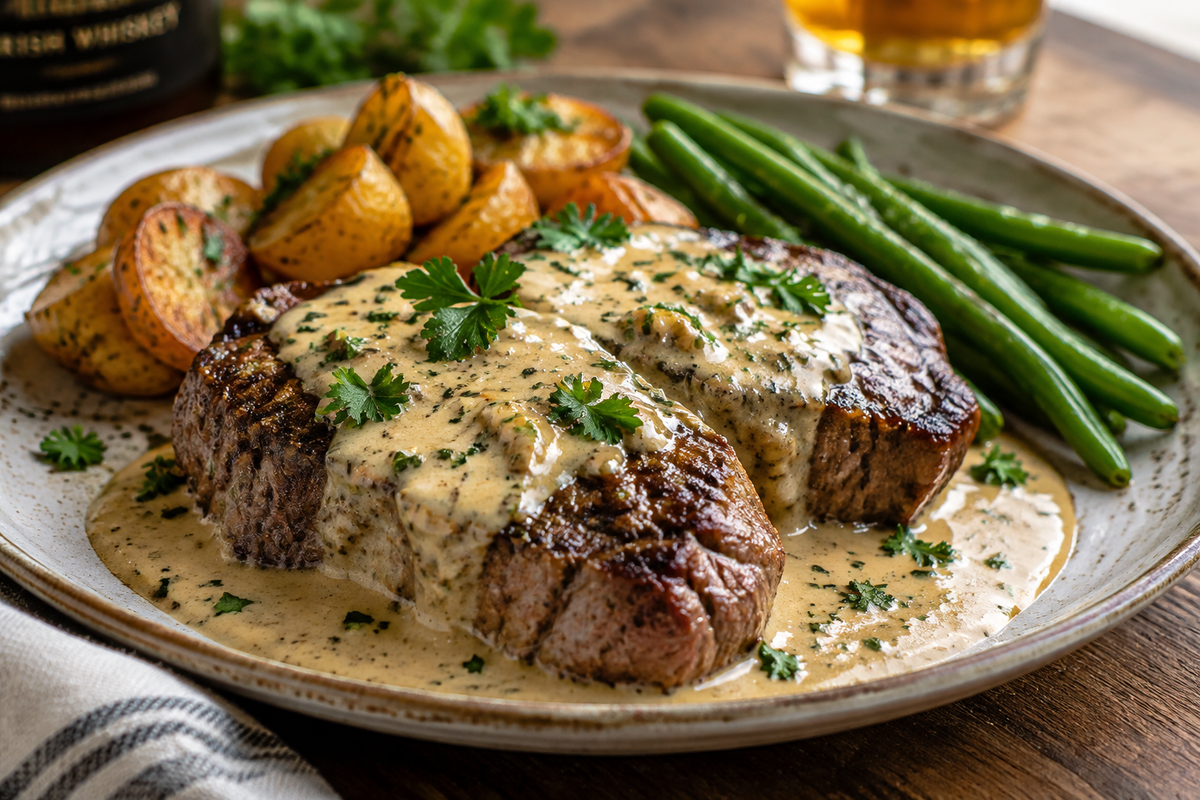 Whiskey cream steaks with rich Irish sauce and fresh parsley garnish on rustic plate
