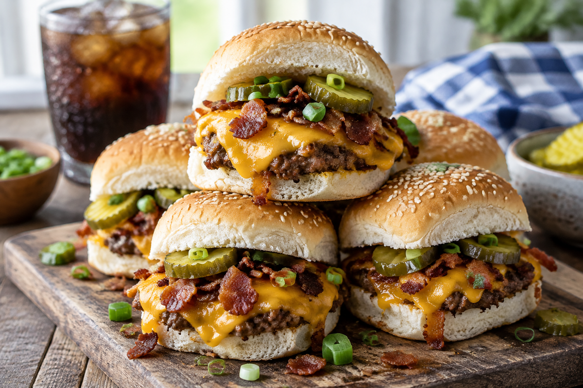 Delicious white trash sliders with melted cheese and crispy bacon on rustic board