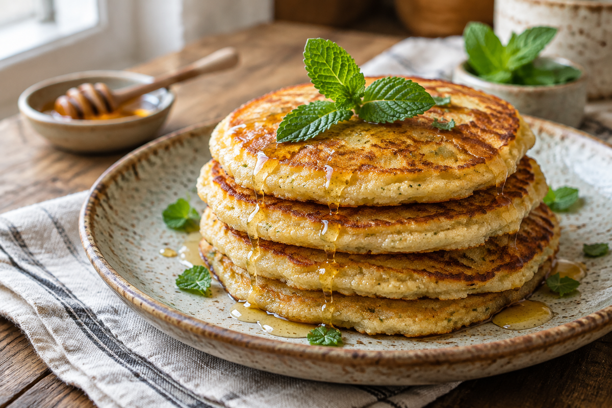 Golden-brown suji pancakes stacked with honey drizzle and mint garnish, healthy suji pancakes breakfast