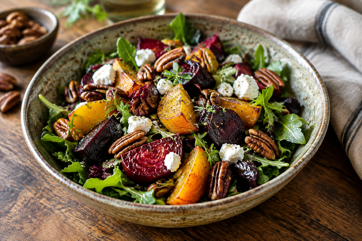 Winter salad with roasted beets, greens, pecans, and goat cheese, showcasing fresh winter salad ingredients