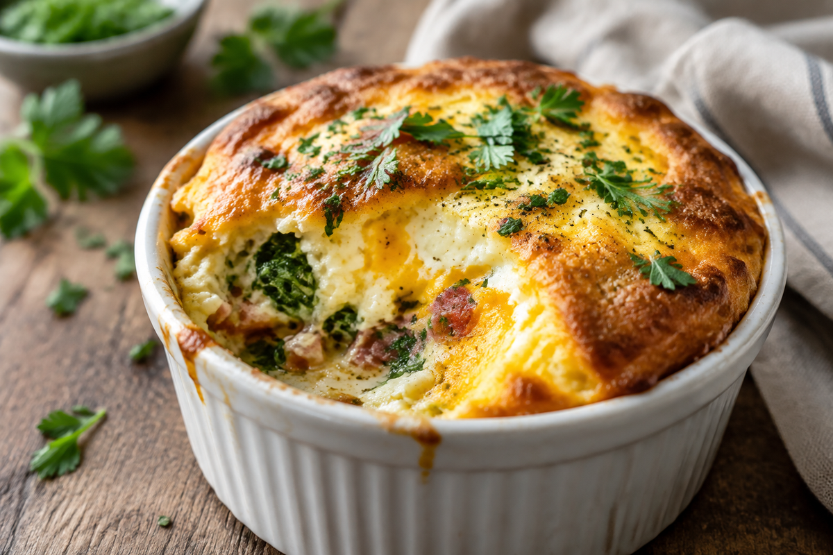 Golden baked egg surprise recipe with melted cheese and fresh herbs on rustic wooden table