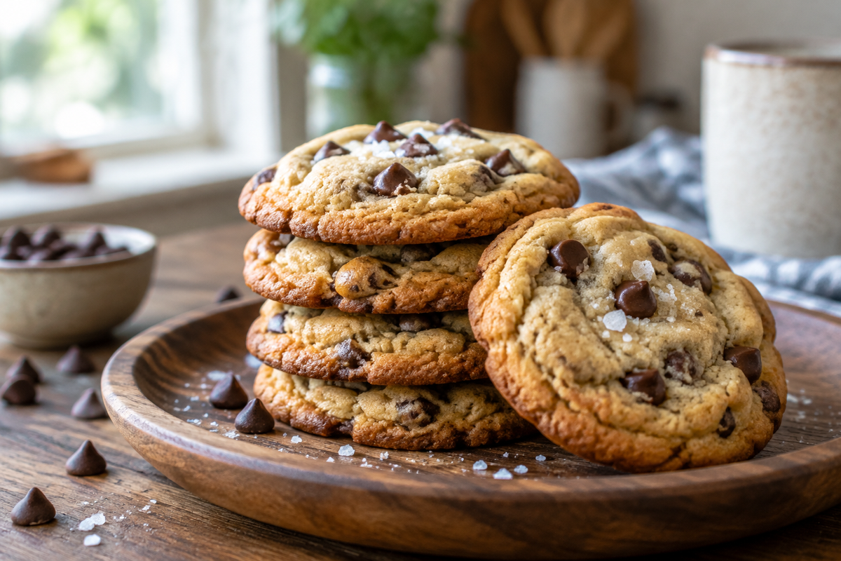 Freshly baked yummy cookie recipe showcasing golden-brown homemade cookies with chocolate chips