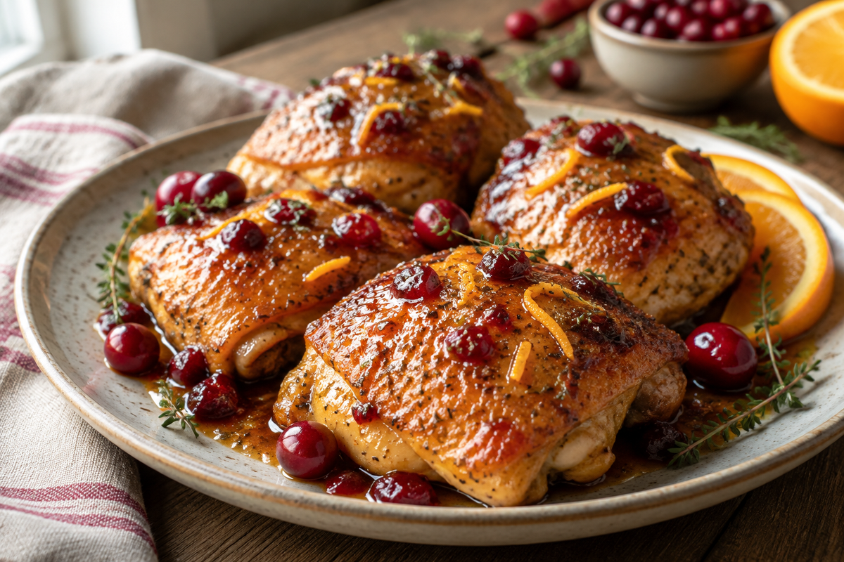 Zesty baked chicken thighs with orange-cranberry glaze on a rustic plate, garnished with fresh cranberries and orange zest