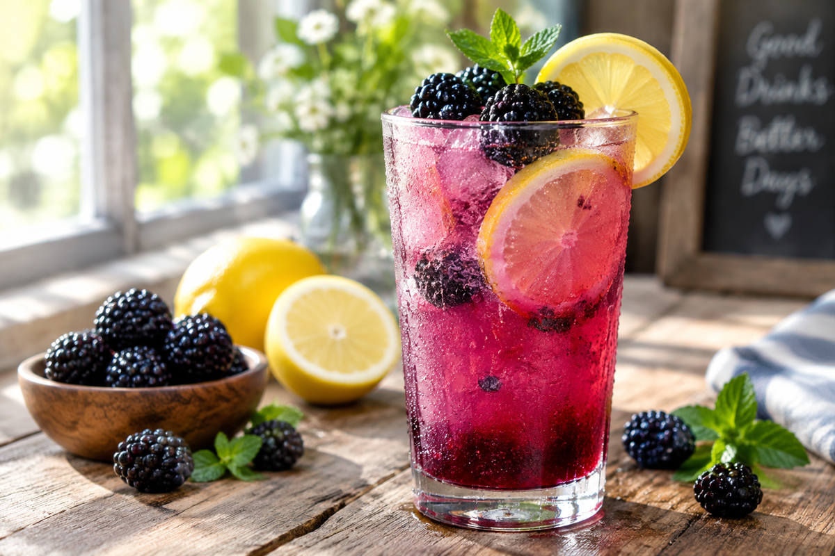 Zesty blackberry lemonade mocktail in a glass garnished with lemon slices and blackberries