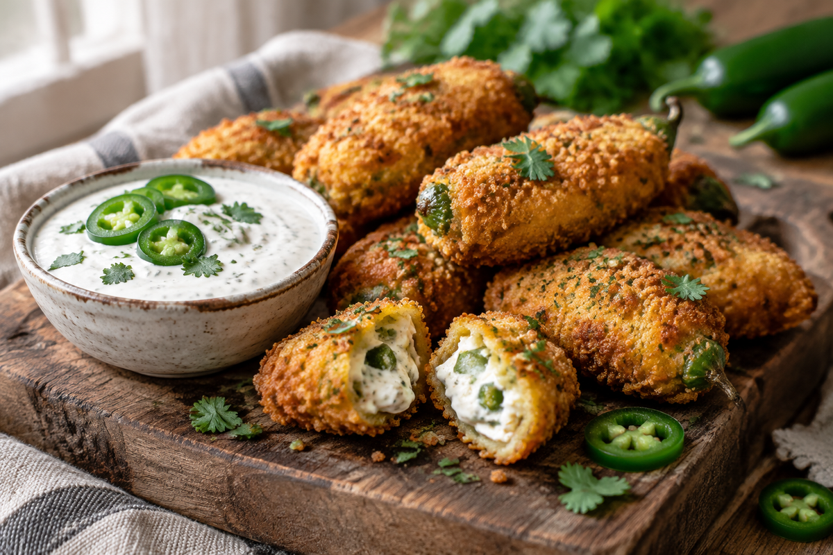 Jalapeño ranch chicken poppers with creamy dip on rustic wooden board, zesty cheesy snack