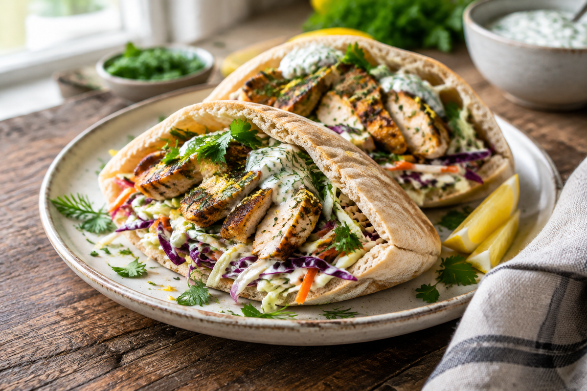 Zesty chicken pitas with luscious herbed ranch slaw delight on a plate, showing fresh herbs and vibrant slaw