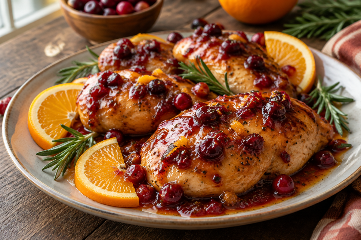 Close-up of cranberry orange chicken glazed with zesty sauce and orange slices, showcasing cranberry orange chicken dish