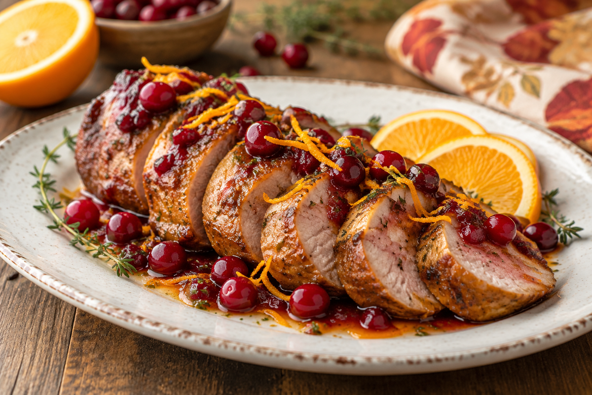 Zesty cranberry-orange pork tenderloin sliced and garnished with orange zest and cranberries on a rustic plate