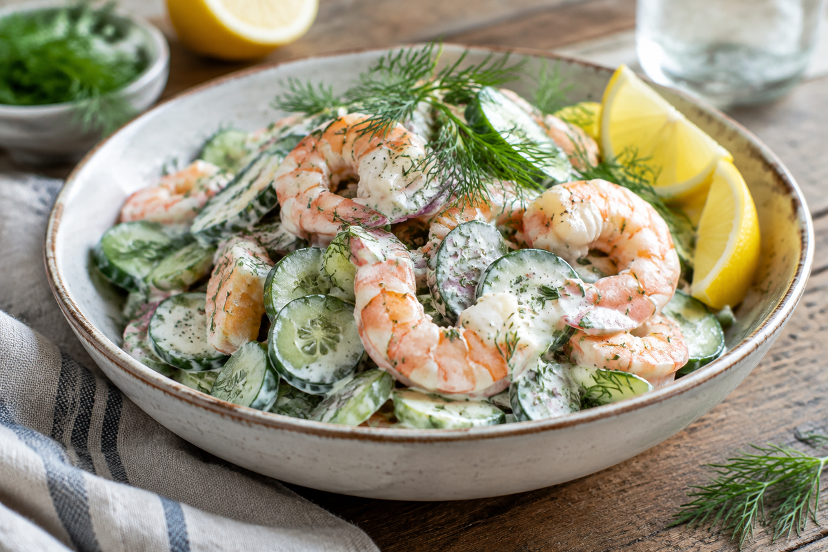 Creamy cucumber shrimp salad with fresh dill and lemon wedges in a bowl, showcasing the creamy cucumber shrimp salad