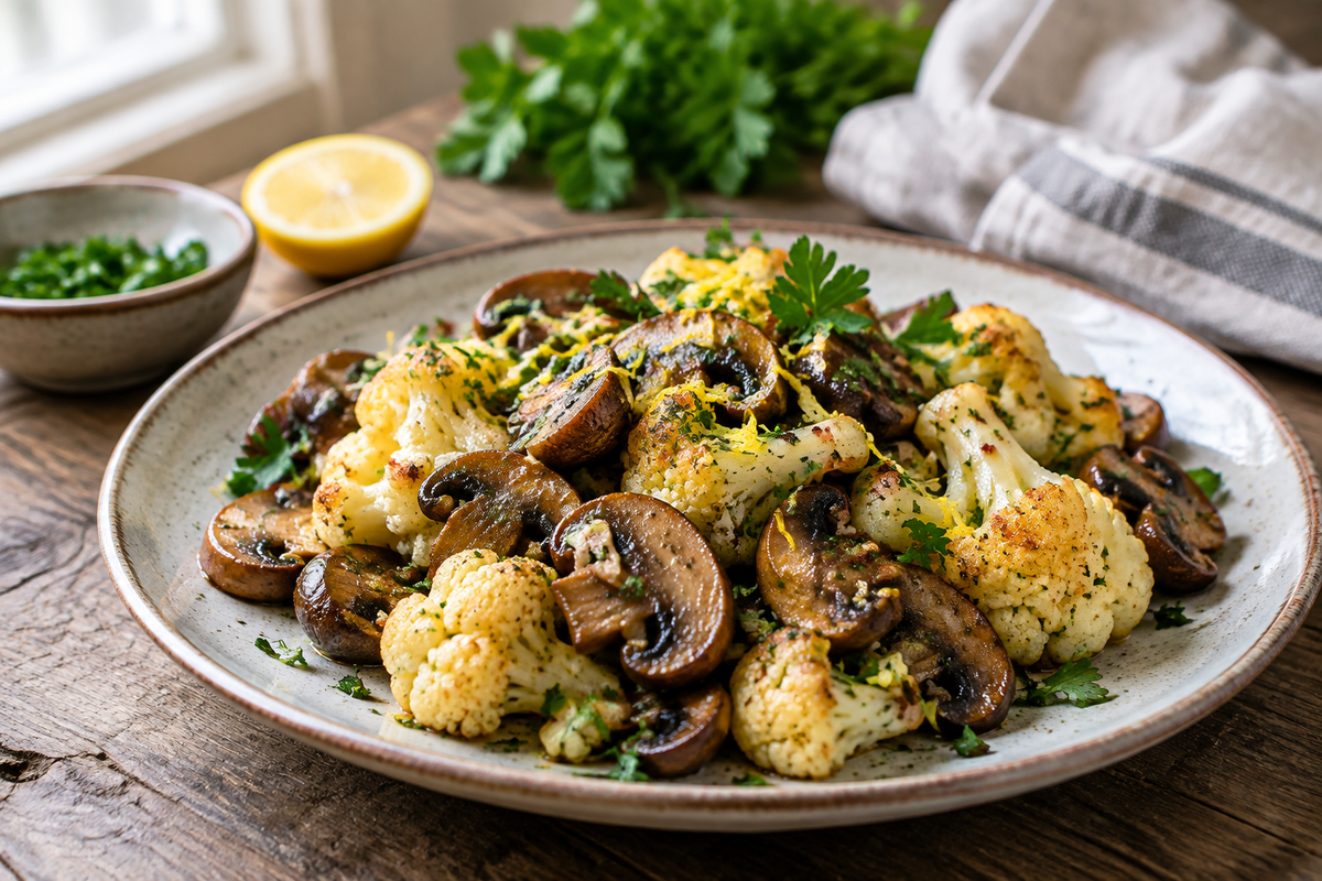 Zesty garlic sautéed mushrooms and cauliflower served on a rustic plate with fresh parsley garnish