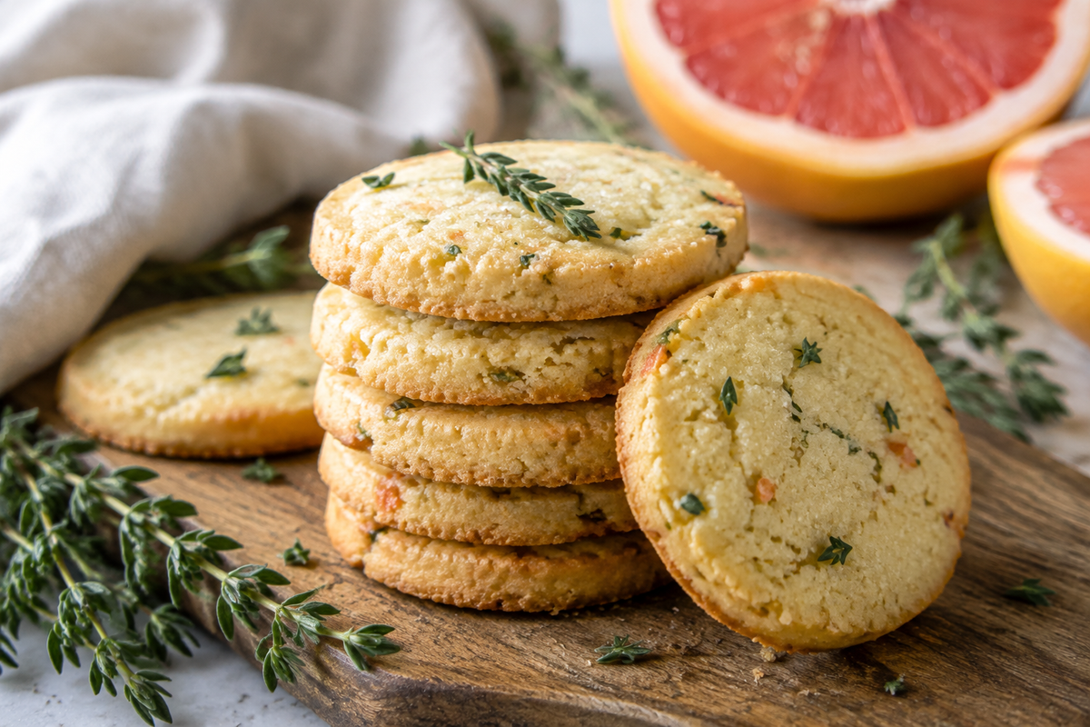 Golden grapefruit thyme shortbread cookies stacked on wooden board with fresh thyme garnish, grapefruit thyme shortbread