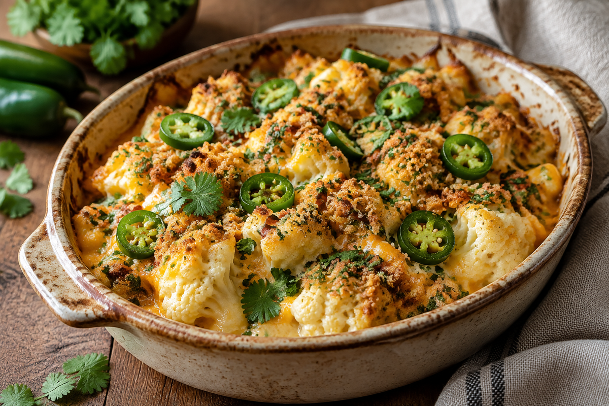 Zesty jalapeno popper cauliflower bake in rustic dish garnished with cilantro and jalapenos