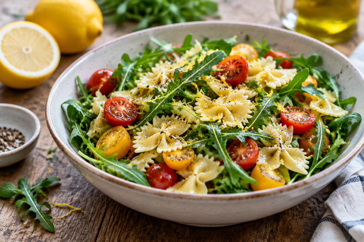 Zesty lemon arugula pasta salad with fresh greens and lemon dressing