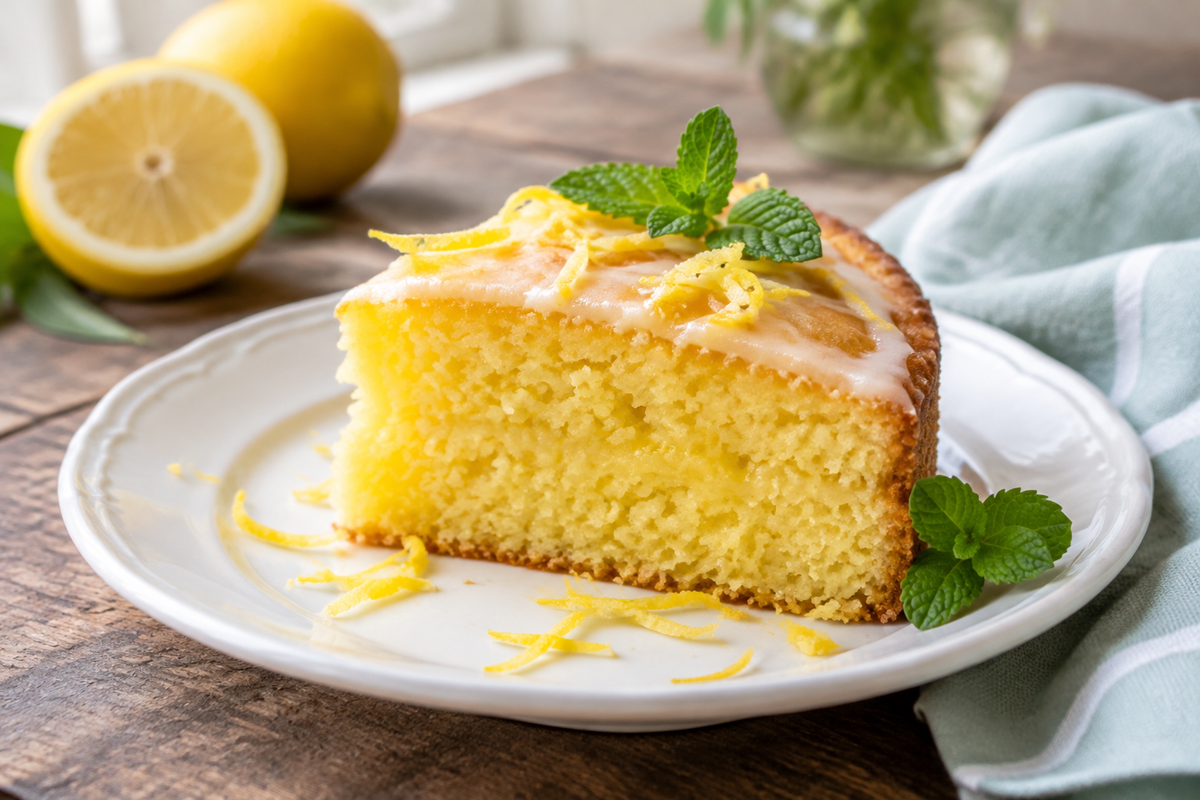 Moist lemon cake slice garnished with fresh lemon zest and mint, showcasing zesty lemon cake