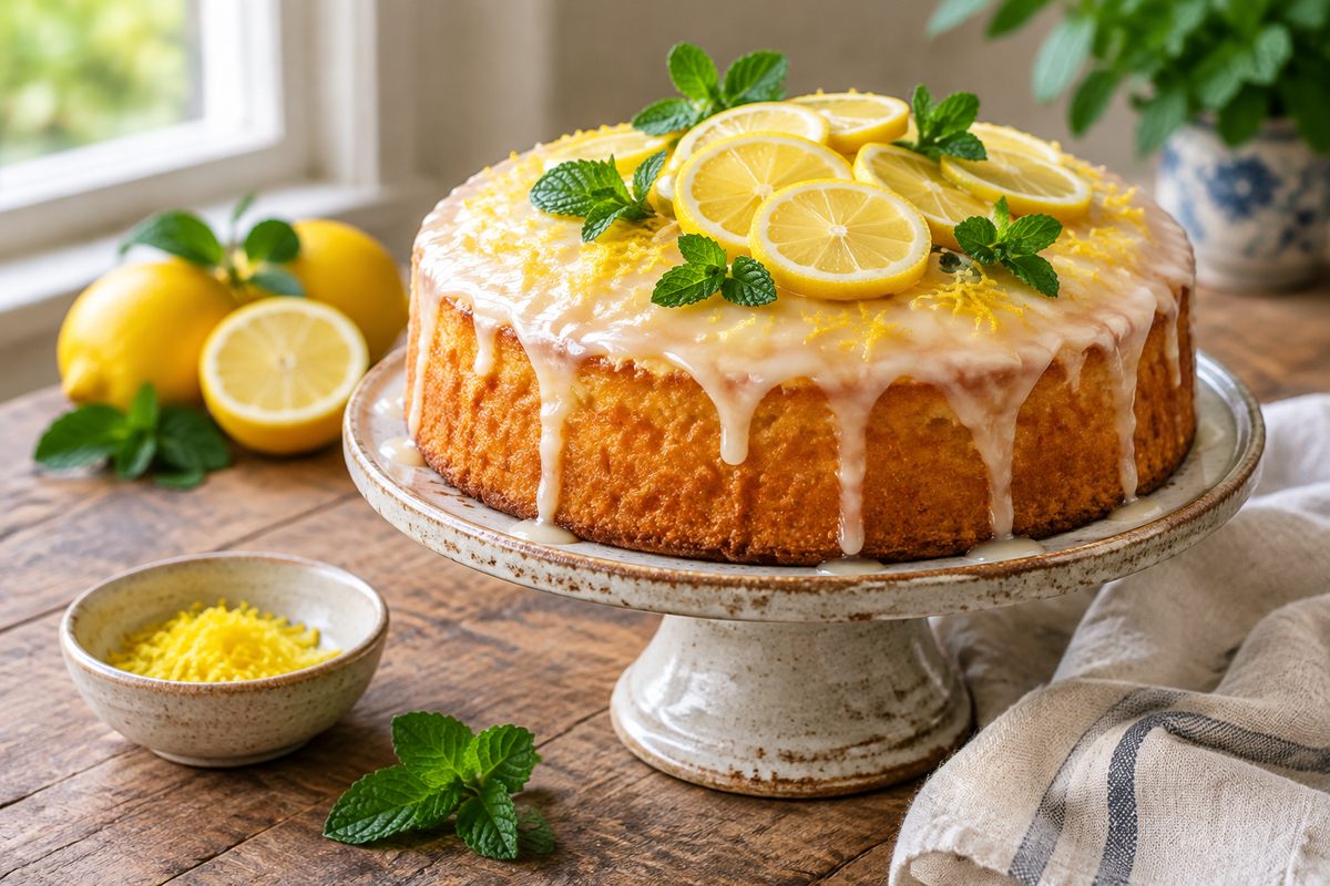 A zesty lemon cake topped with lemon glaze and fresh lemon slices showcasing the zesty lemon cake