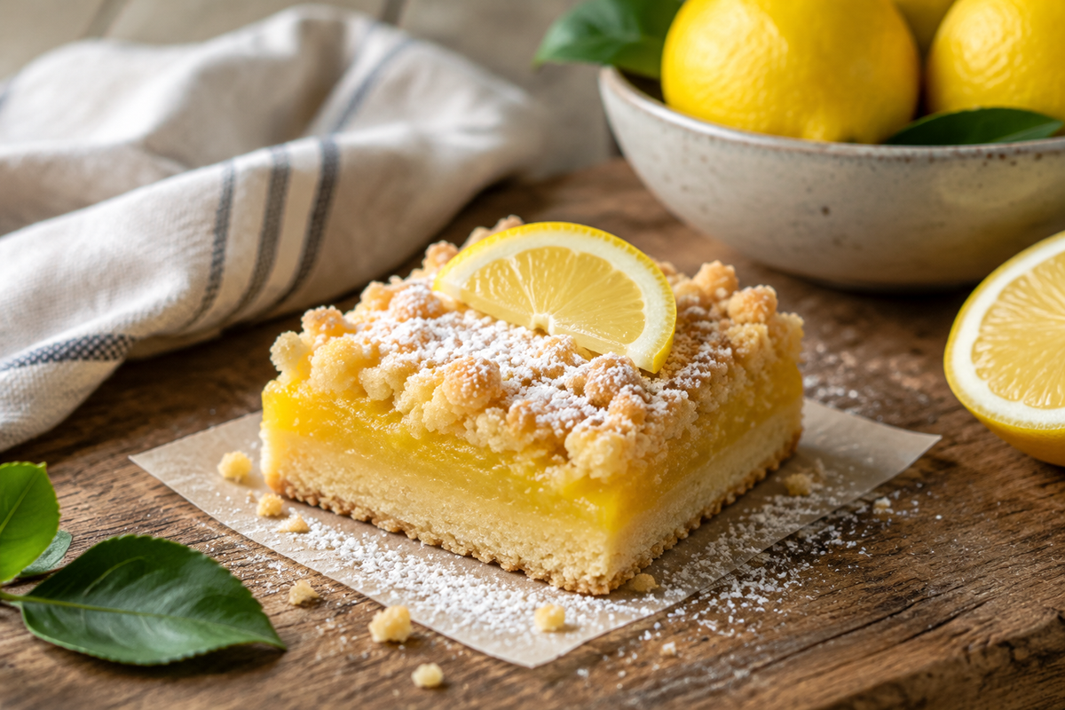 Zesty lemon crumb bars on buttery shortbread crust with lemon garnish and powdered sugar