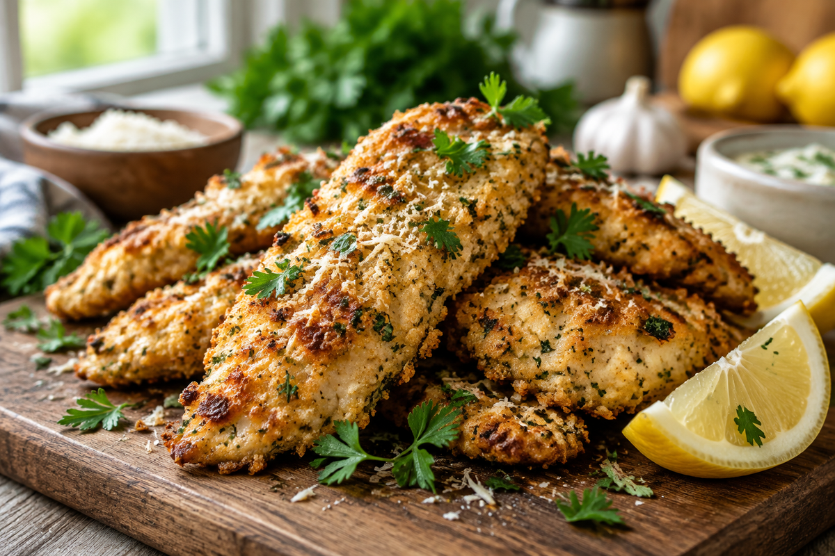 Zesty lemon garlic chicken tenders garnished with parmesan and lemon wedges on a rustic board
