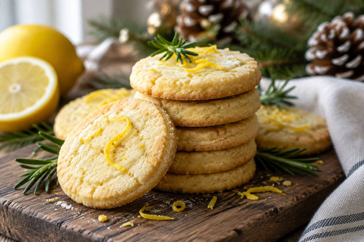 Zesty lemon shortbread cookies stacked with lemon zest garnish and rosemary, perfect lemon shortbread cookies for holidays
