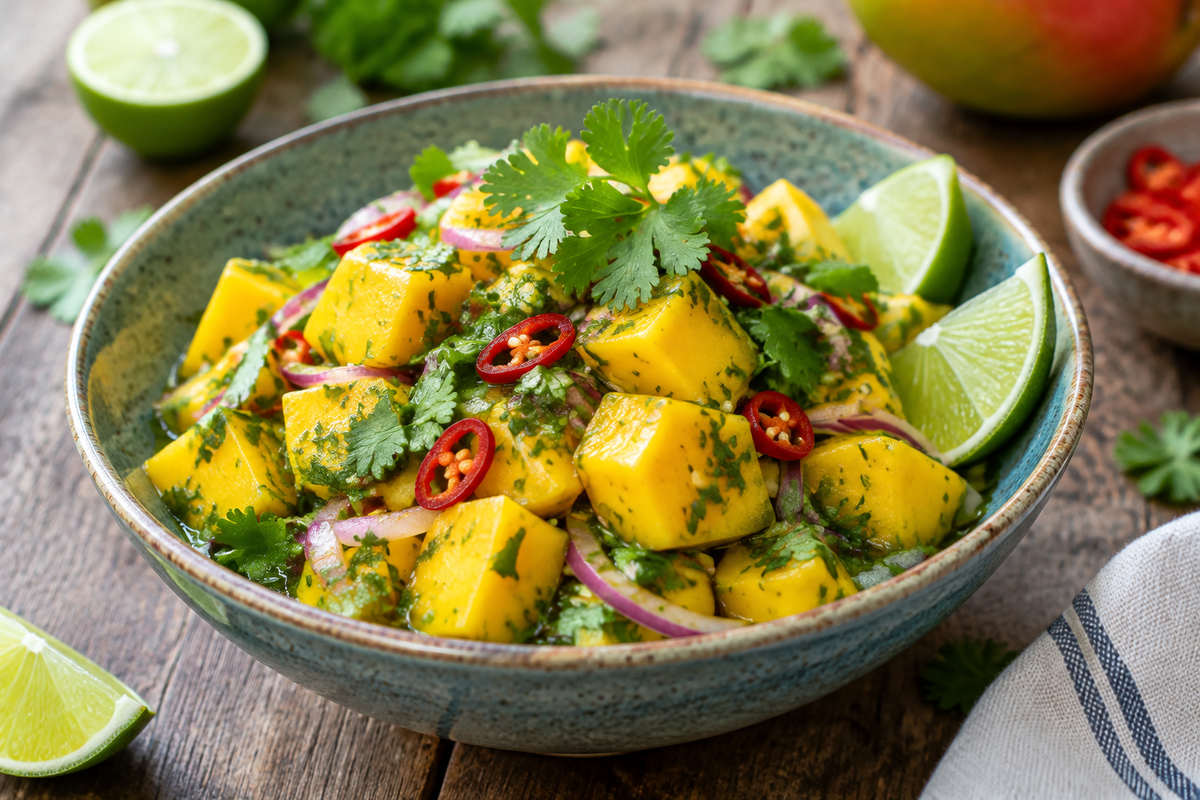 Zesty mango salad with lively lime dressing garnished with cilantro and chili peppers
