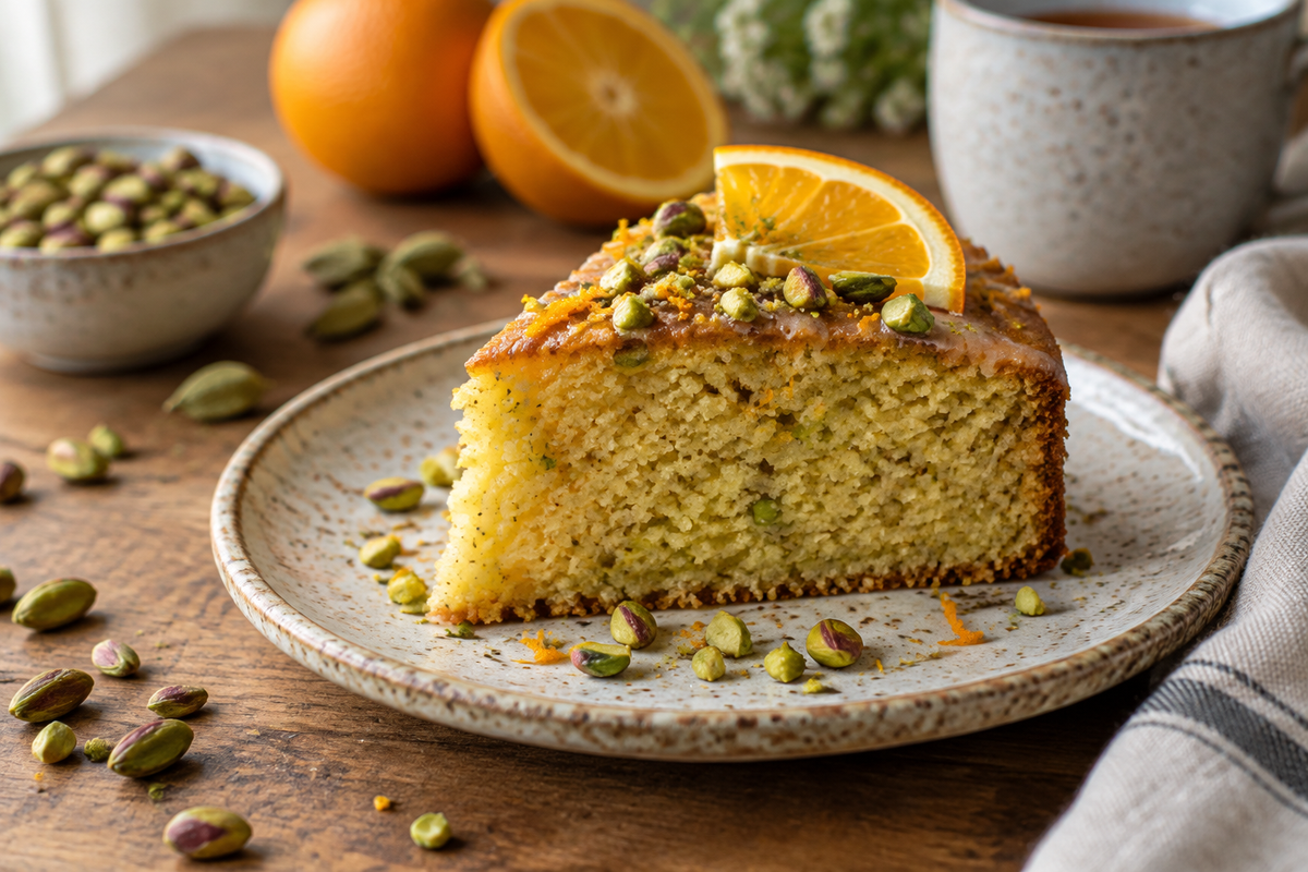Slice of pistachio tea cake with zesty orange and cardamom, garnished with pistachios