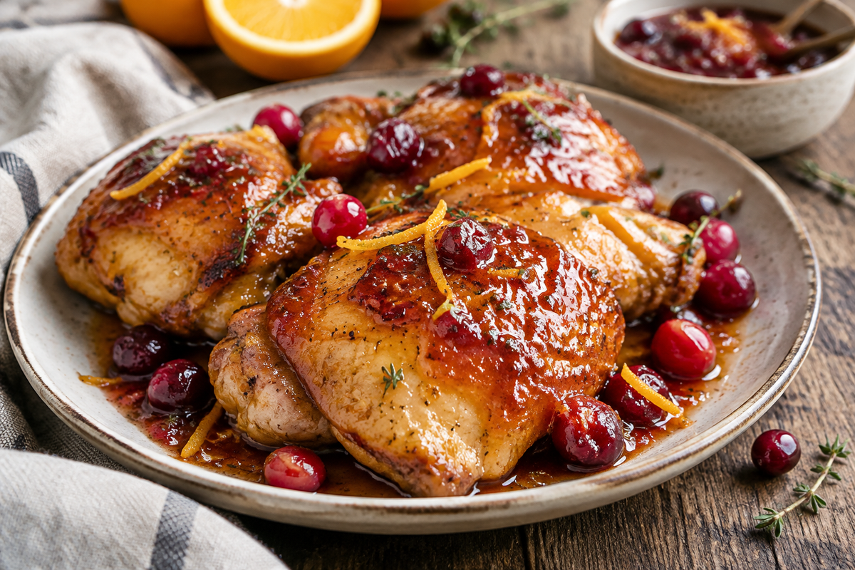 Zesty orange cranberry chicken thighs glazed and garnished with orange zest and cranberries