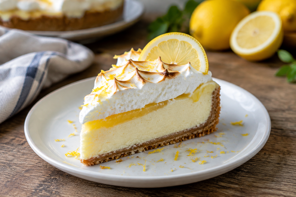 Zesty triple lemon meringue cheesecake slice with lemon zest garnish and fluffy meringue topping