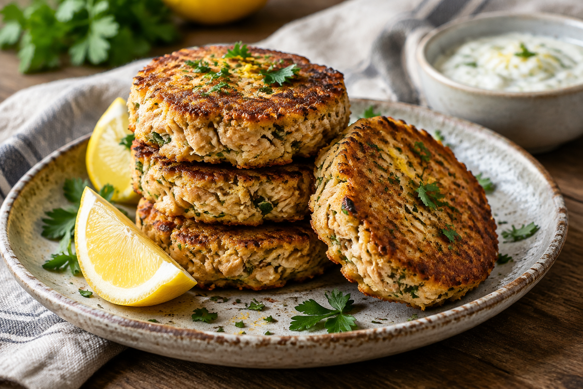 Golden zesty tuna cakes garnished with parsley and lemon wedges on a rustic plate