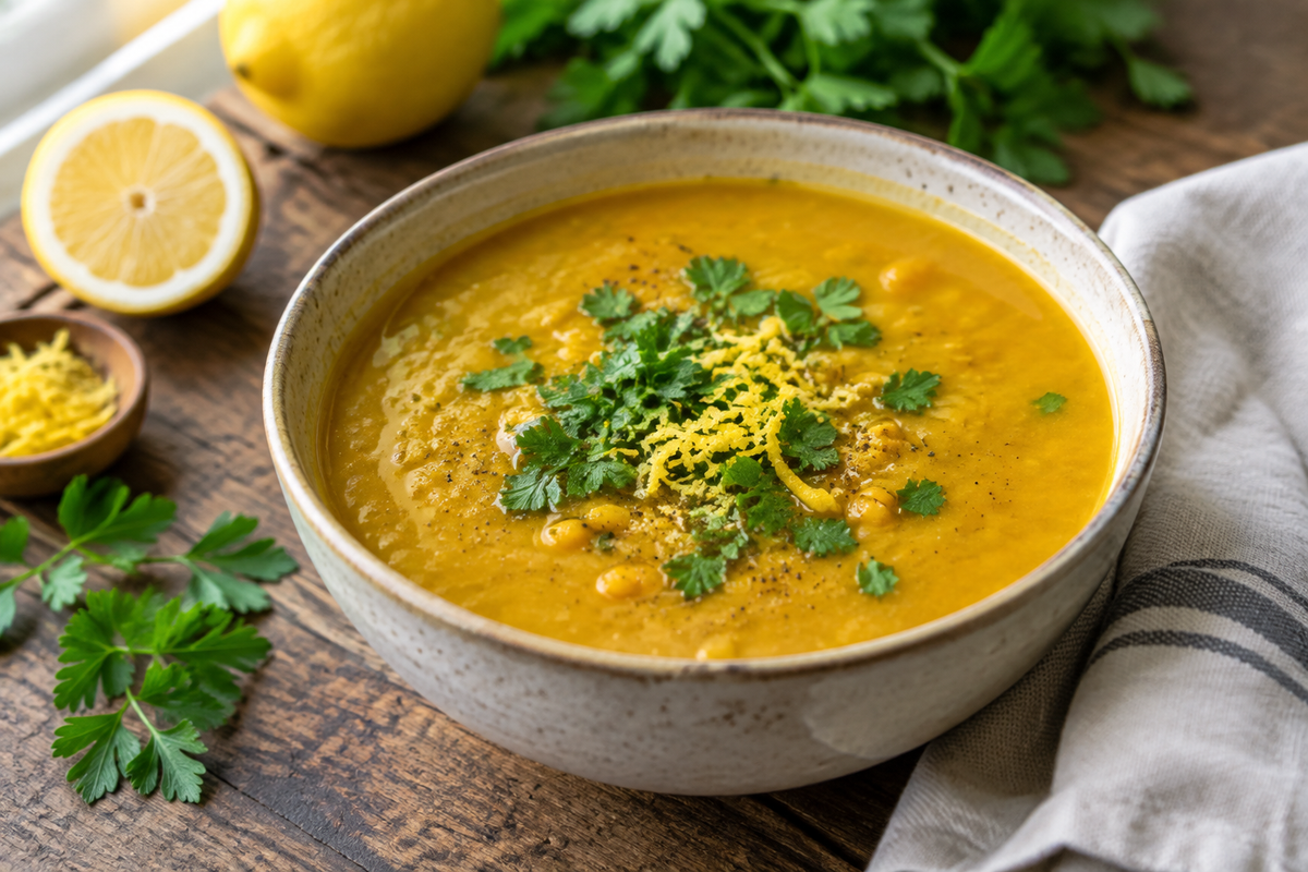 Zesty turmeric lemon lentil soup garnished with fresh herbs in a bowl, showcasing vibrant colors and fresh ingredients.