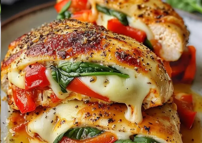 Roasted Red Pepper, Spinach, and Mozzarella Stuffed Chicken - recipes